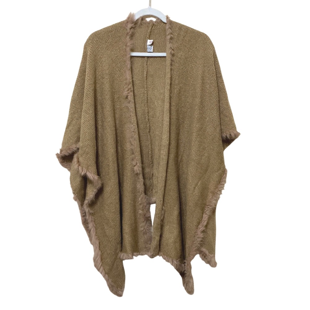 Red Fish Designs Brown Acrylic Knit Faux Fur Trim Open Front Poncho One‎ Size